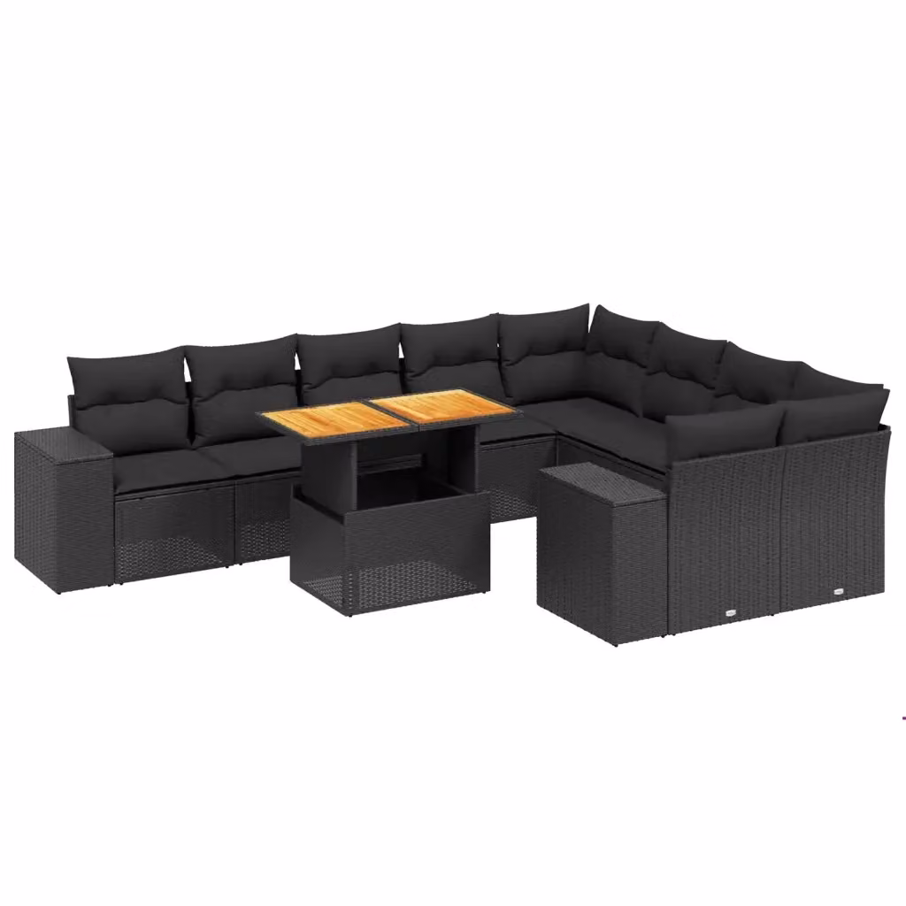 vidaXL Set Divani da Giardino a L 10 Pezzi in Polyrattan Nero con Cuscini e Tavolino da Esterno – 2