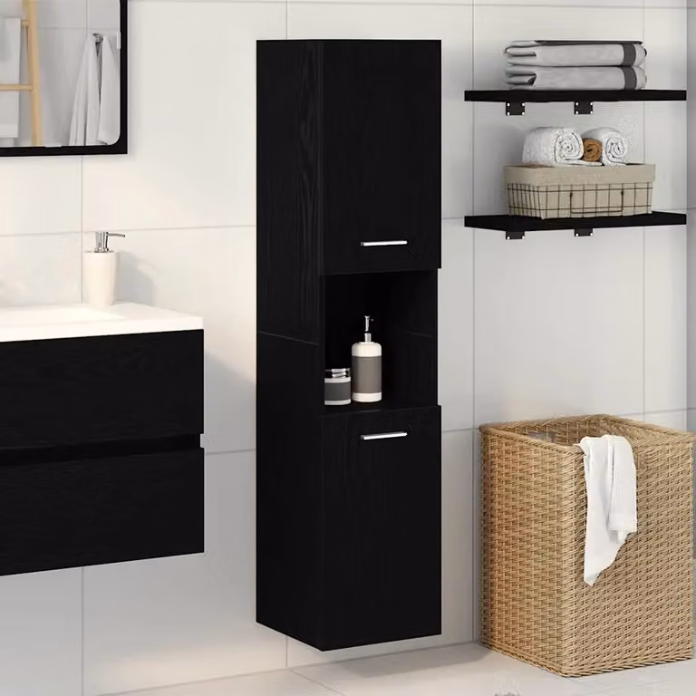 Mobile da bagno moderno vidaXL in legno nero opaco con ante a cerniera e ripiani interni L/P/H: 30 x 30 x 130 cm