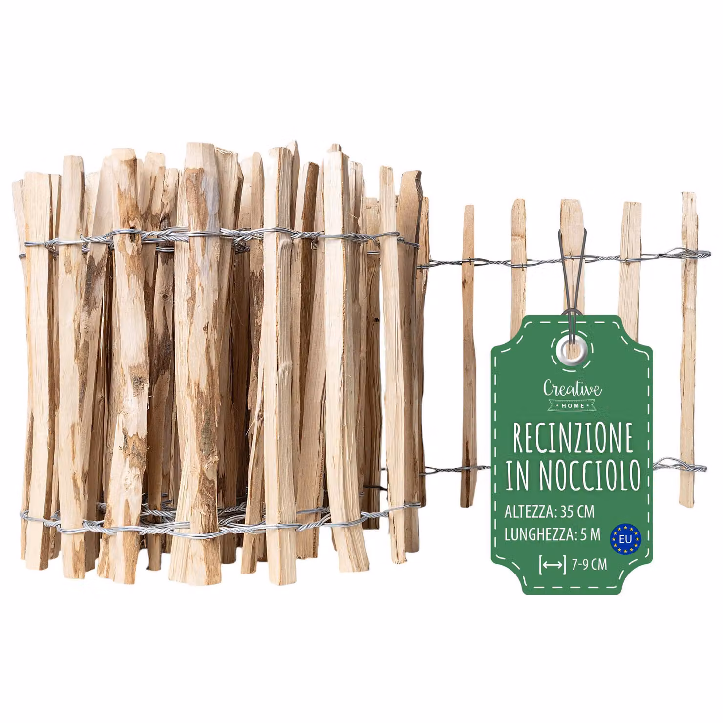 Creative Home Recinzione Rustica 35cm x 5m | Staccionata Legno Flessibile in Nocciolo | Distanza rami: 7-9cm | Bordura Naturale per Aiuole