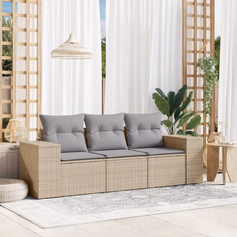 Set Divano da Giardino vidaXL 3 pz con Cuscini Beige e Grigio in Polyrattan e Acciaio
