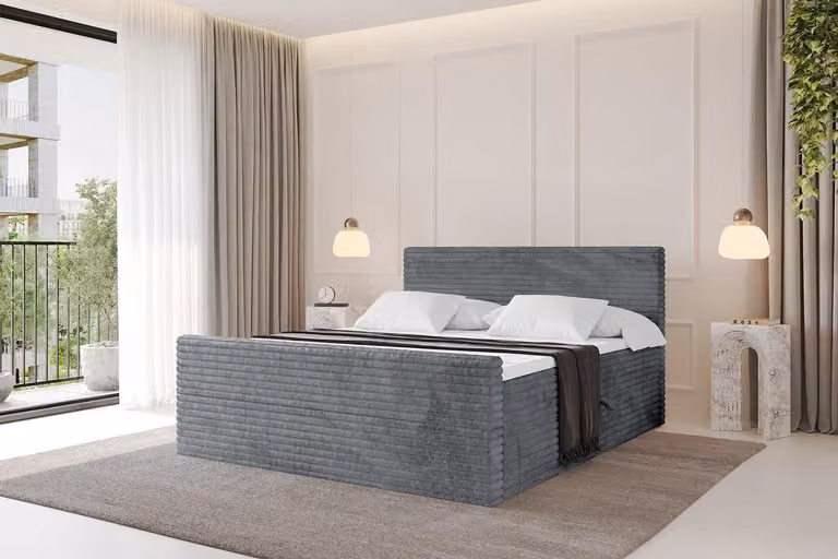 Letto boxspring ALTDECOR con pediera - TOLO-v1-Z 160x200 in velluto a coste - Grigio scuro - Set completo con materasso a molle insacchettate e topper, letto imbottito con materasso H4, cassetti, rete a doghe, letto con contenitore, letto matrimoniale, le