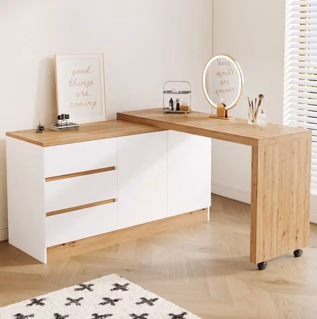 Scrivania pieghevole e girevole con 2 ante; 3 cassetti e 2 ruote con freno; 120 x 50 x 78 cm; bianco e rovere