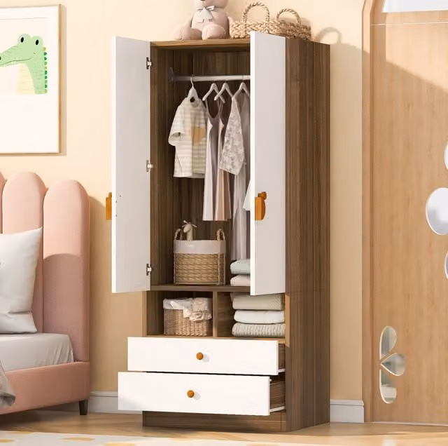 Armadio a 2 ante con 2 cassetti e ripiani in MDF; 70 x 50 x 170 cm; legno naturale