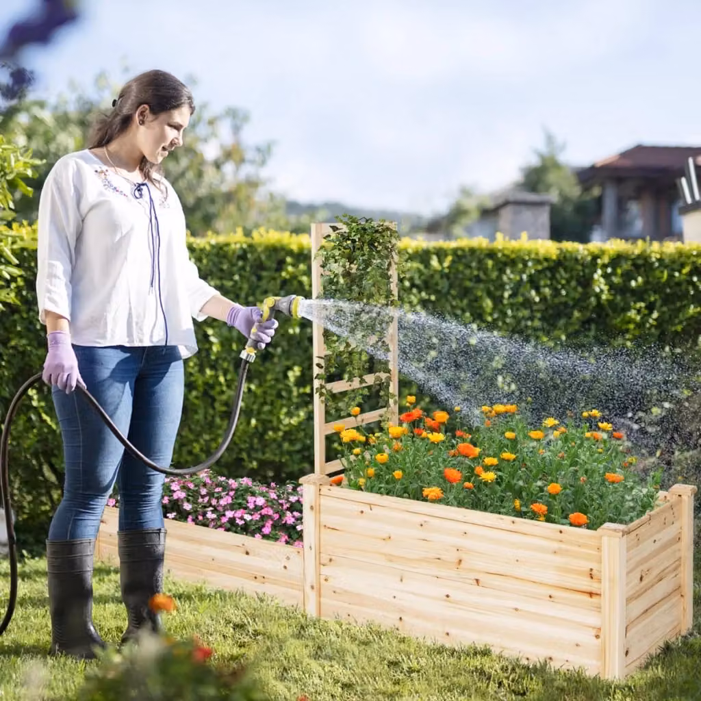 Fioriera rialzata in legno di abete con graticcio e fondo aperto, cassetta rustica a due livelli per giardino e terrazzo, colore marrone naturale – 2