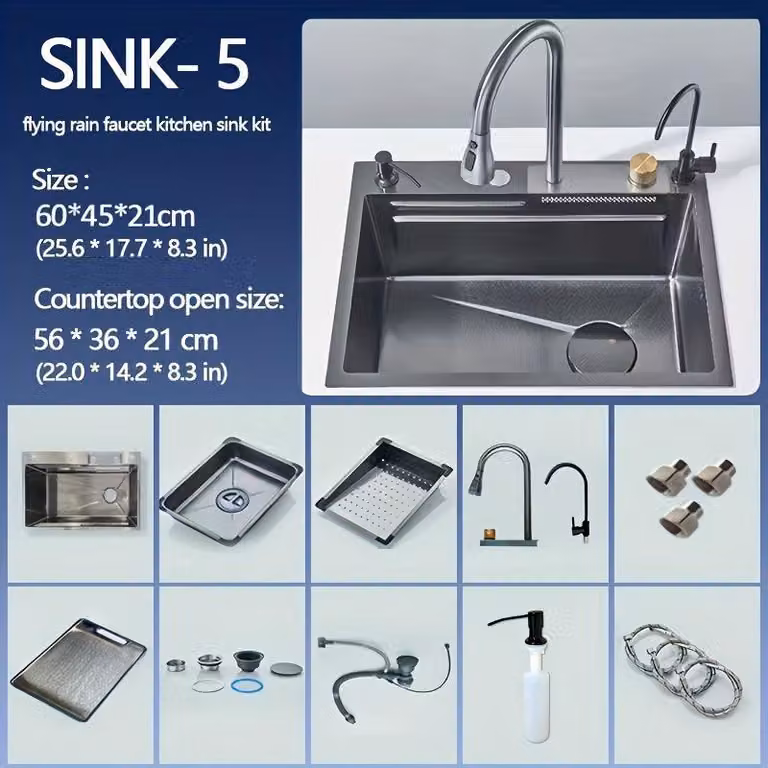 Rubinetto digitale per cucina – Miscelatore a cascata – 60x45 cm – Acciaio inossidabile – Con display della temperatura e lavello integrato