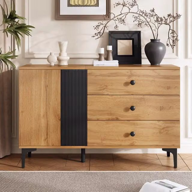 Sideboard moderno in PB con finitura naturale e nera, 120x35x76 cm, con ante e 3 cassetti