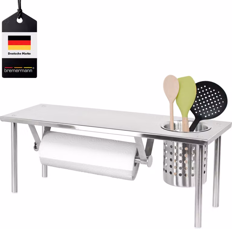 Scaffale da cucina con portarotolo e portaoggetti, marca bremermann®, in acciaio inossidabile