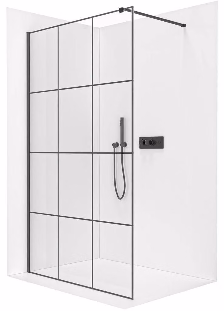 Pannello doccia angolare Walk-in Onyx Cube, versione sinistra/destra - 8 mm - montante quadrato - vetro nero opaco, stile industriale - 140x200 cm