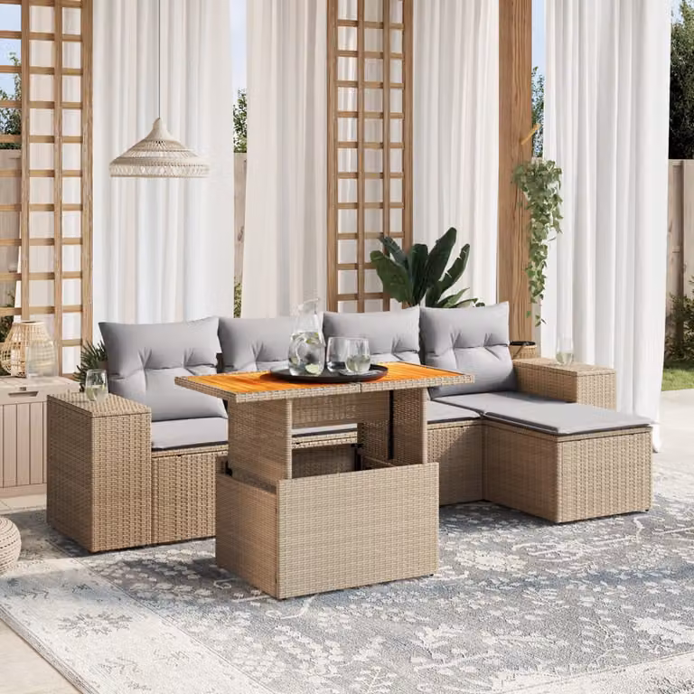 Set Divano da Giardino a L vidaXL in Polyrattan con Cuscini Beige e Grigio e Tavolino da Caffè