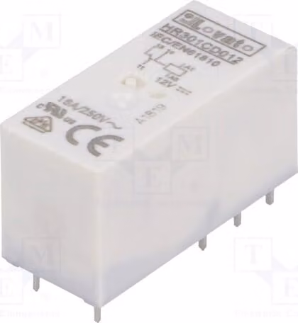 1 relè: elettromagnetico, 16A/250VAC. Bobina: 12VDC, 16A. Modello: HR301C2. Relè elettromagnetico