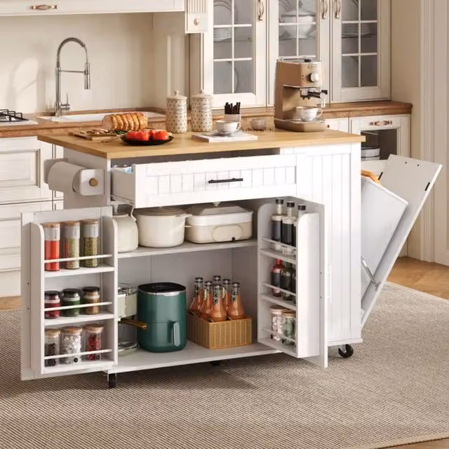 Isola cucina con piano pieghevole in MDF bianco ed effetto legno naturale; ruote bloccabili; 130 x 45/70 x 93 cm