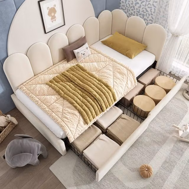 Letto singolo REDOM in velluto beige con 2 cassetti L/P/H: 90 x 200 cm – 1