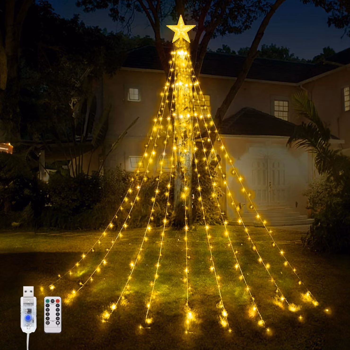 Catena luminosa a cascata, 2 metri, 198 LED, alimentazione USB, grado di protezione IP65, con telecomando