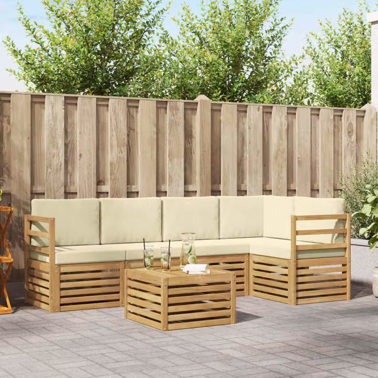 vidaXL Set di divani da esterno 6 pz in legno di acacia con cuscini Bianco e Beige