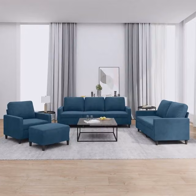 Set di divani 4 pezzi vidaXL in velluto blu con pouf e cuscini per soggiorno moderno