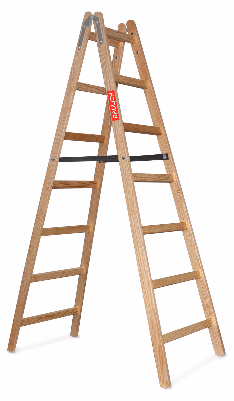 Baulich | Scala in legno - 2 x 7 gradini - bilaterale - in legno di pino - EN 131 - altezza di lavoro fino a 3,6 m - portata 150 kg - resistente alle intemperie - con ganci