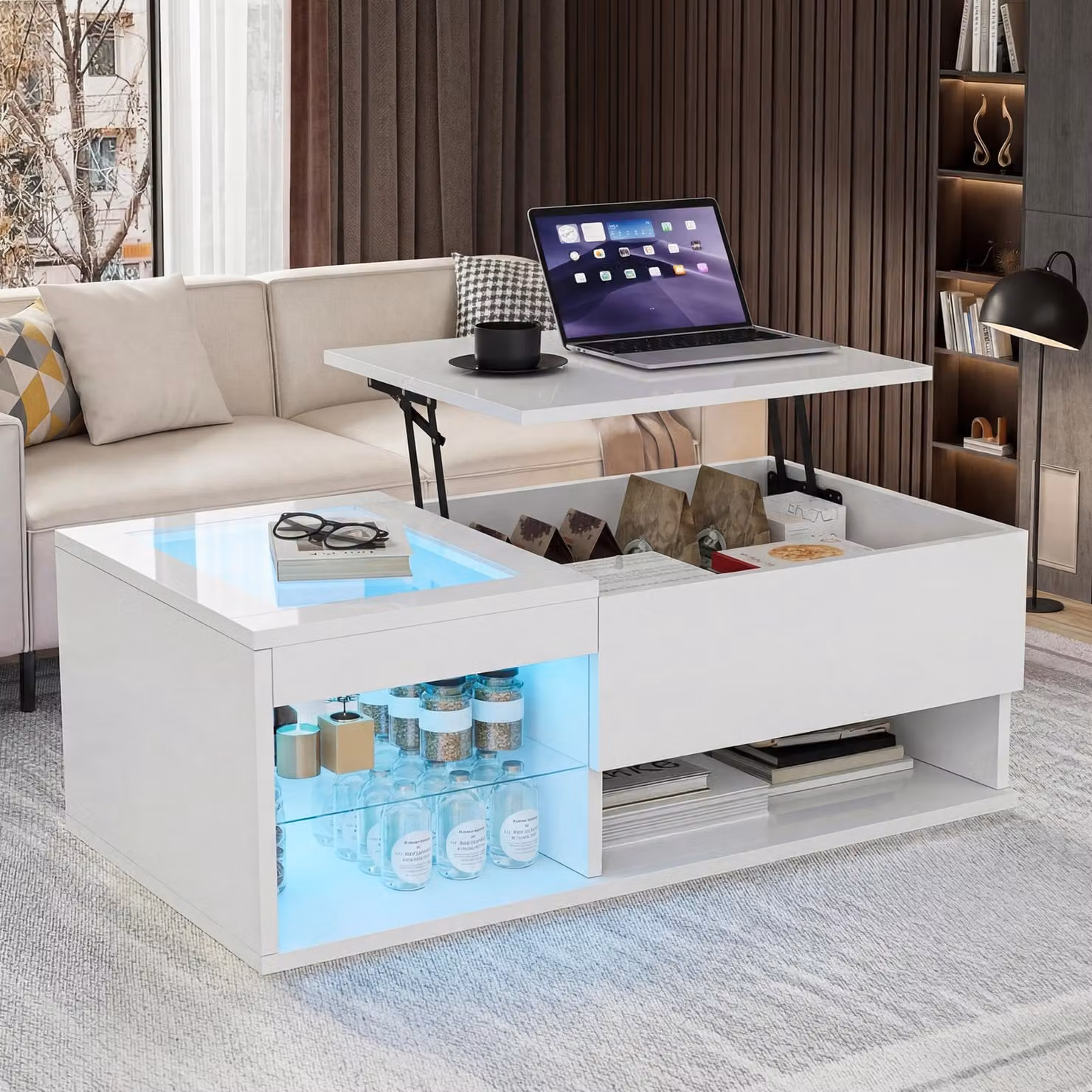 Tavolino REMZETTA, dimensioni 100 x 55 x 35 cm, con altezza regolabile, spazio contenitivo, illuminazione LED e vano in vetro, tavolino da soggiorno in bianco lucido, con telecomando