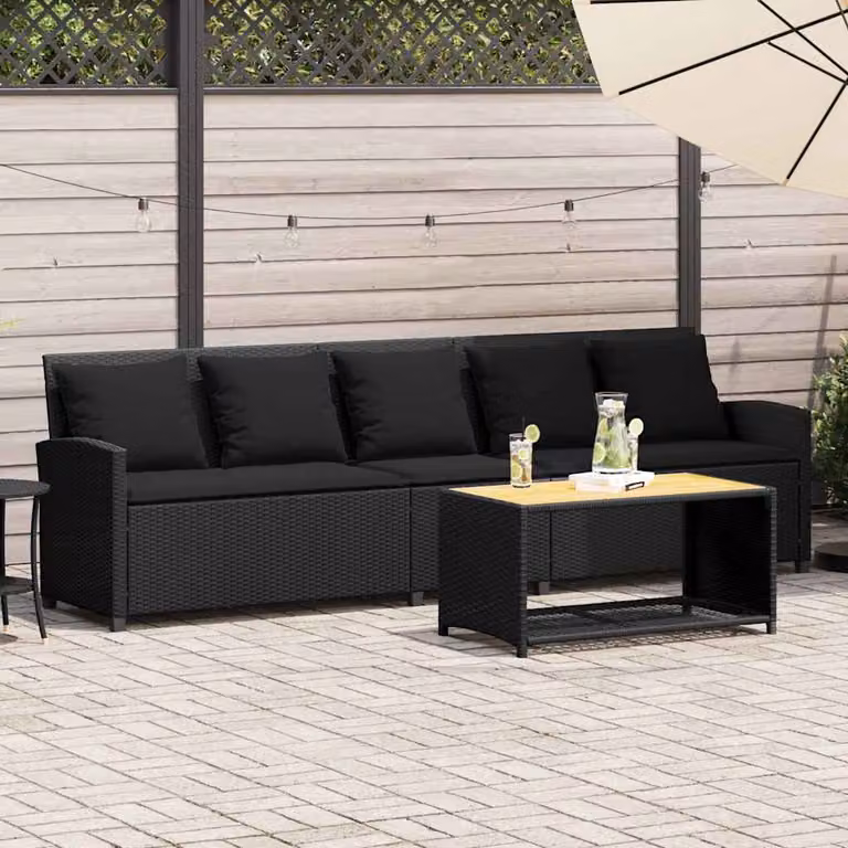 vidaXL Divano da Giardino a 5 Posti in Polyrattan Nero con Cuscini Imbottiti e Struttura in Metallo