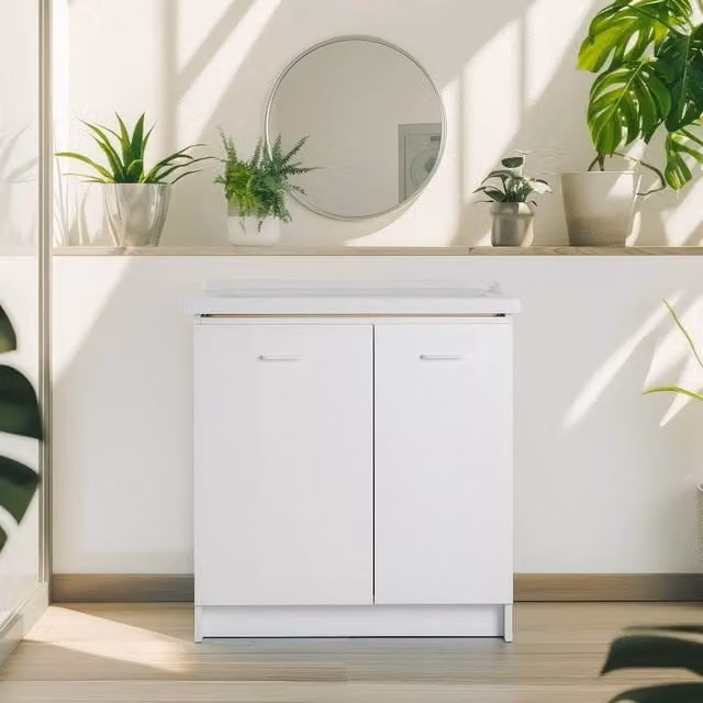 Mobile lavatoio 60x84 cm bianco con vasca in ceramica e asse in legno | Edilla