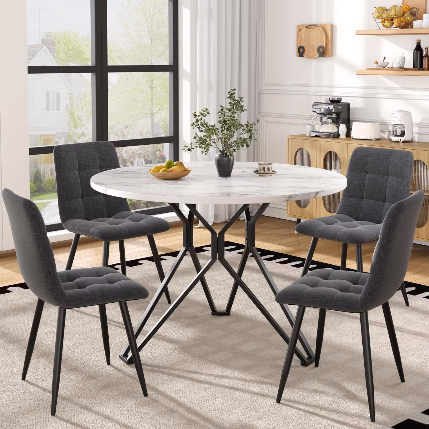 Set tavolo da pranzo con 4 sedie, tavolo rotondo per cucina, diametro 100 cm, aspetto marmo, colore nero e grigio, materiali: lino e metallo