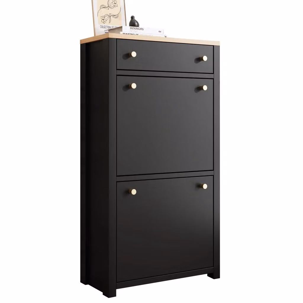 Scarpiera moderna per ingresso con 1 cassetto e 2 ante a ribalta, ripiani regolabili e piano d'appoggio, L/P/H: 50 x 25 x 95 cm – 2