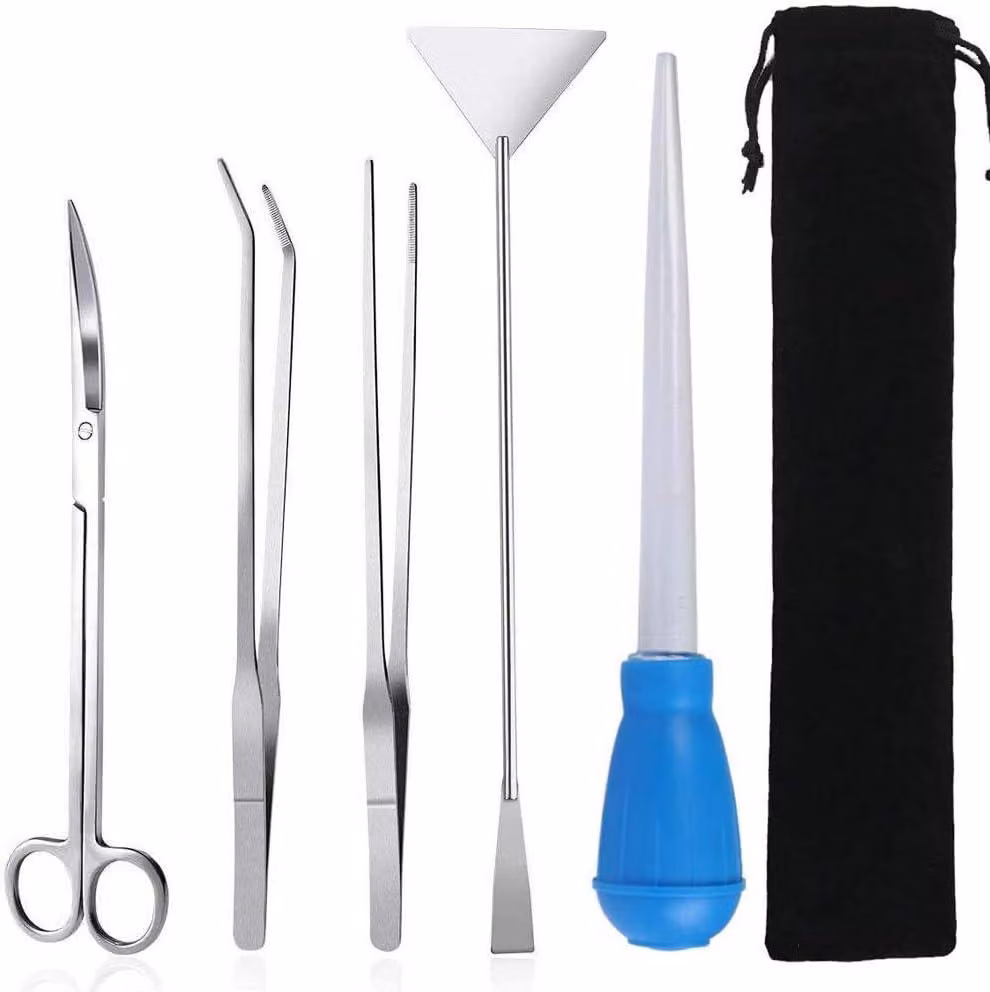 Set di strumenti per acquario, 5 in 1, in acciaio inossidabile, composto da pinzette, forbici, spatola e pipetta, ideale per acquari