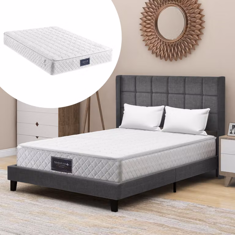 Letto imbottito Flieks con materasso 140x200cm, letto matrimoniale con rete a doghe e testata, biancheria da letto in legno per giovani adulti
