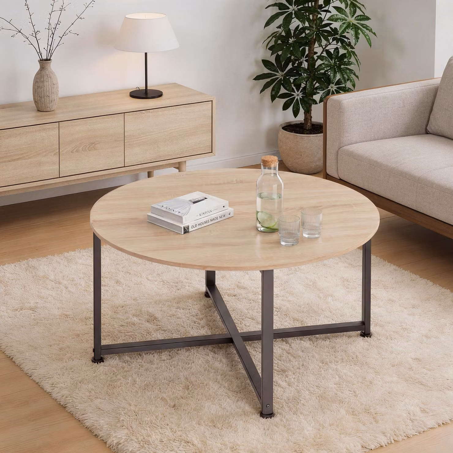 Tavolino da salotto industriale Tectake in rovere e metallo nero, L: 88,5 cm, P: 47 cm – 2