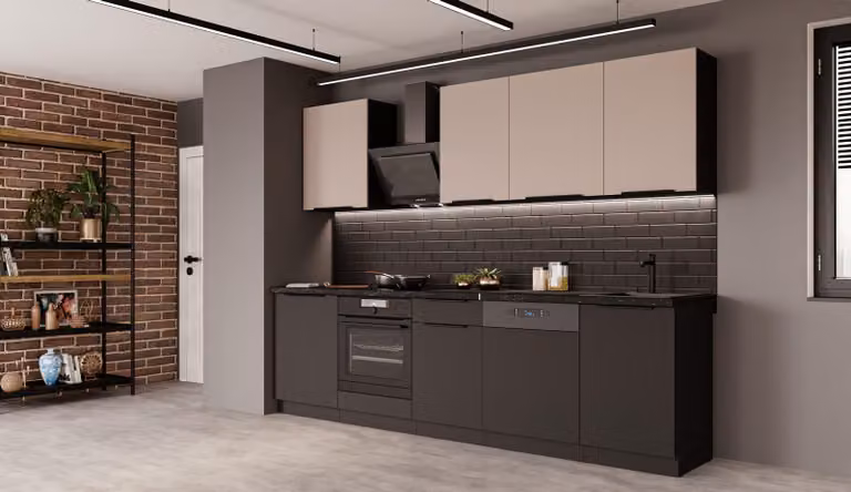 Cucina SIENA + ARONA BASIC 280 cm, linea cucina, blocco cucina, cucina componibile, beige cashmere + nero opaco