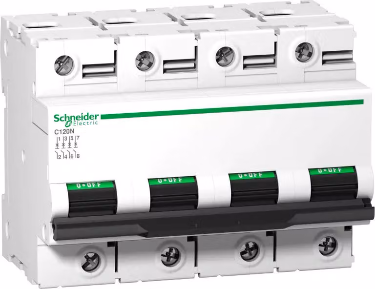 Interruttore miniaturizzato Schneider Electric C120N, 4P, 100A, caratteristica D, 10kA A9N18392
