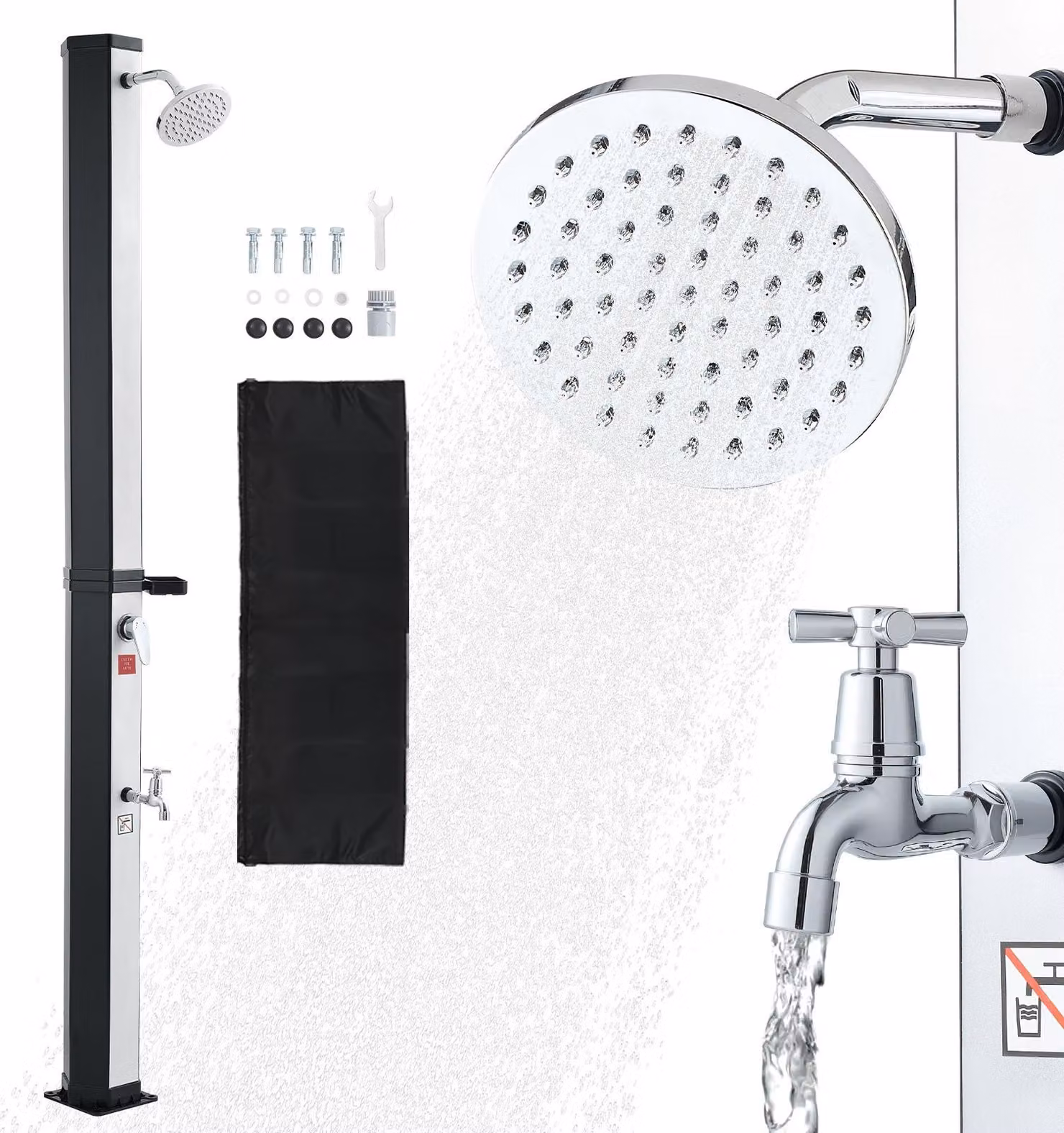 Doccia solare - Doccia da giardino / doccia esterna 35 l - Altezza 216 cm - Acqua calda e fredda - Miscelatore a pedale e portasapone - Fino a 60 °C - Nero/argento