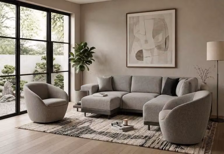 Set moderno per soggiorno: divano angolare a forma di L, due poltrone, comfort di alta qualità