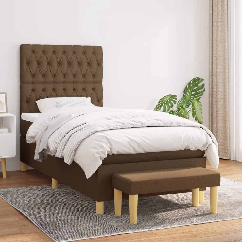 The Living Store Letto a molle con materasso marrone scuro 100x200 cm in tessuto