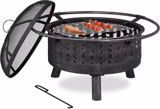Fornace a Carbone con Griglia per la Griglia e Schermo a Scintille e Forchetta Diametro 75 cm - Nero/Argento