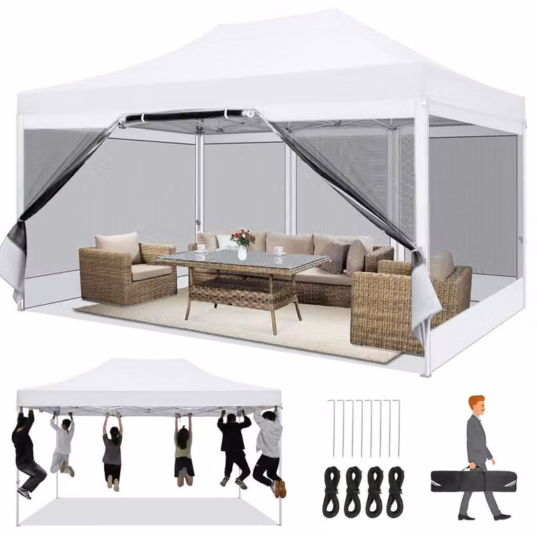Gazebo da giardino 3x4,5 metri, impermeabile, stabile, con zanzariera, pop-up, anti-UV, bianco