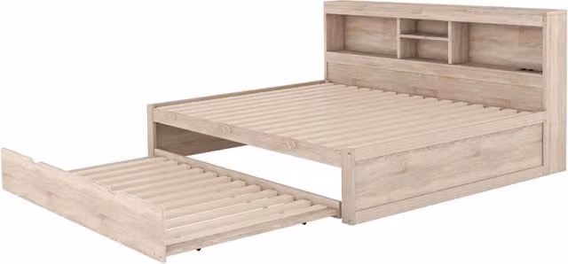 Divano letto Daybed 140x200 cm con illuminazione LED, cassettiera laterale, letto estraibile, prese USB e senza materasso, colore naturale