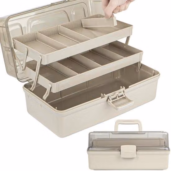 Ibenzoa® Organizerbox, 32 x 16,5 x 18 cm – Scatola di stoccaggio robusta e multifunzionale con 3 scomparti, 2 vani e divisori perforati regolabili