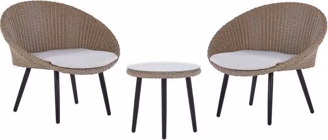 Set da bistrot Beliani per esterni con tavolino in vetro e 2 sedie in rattan beige con cuscini