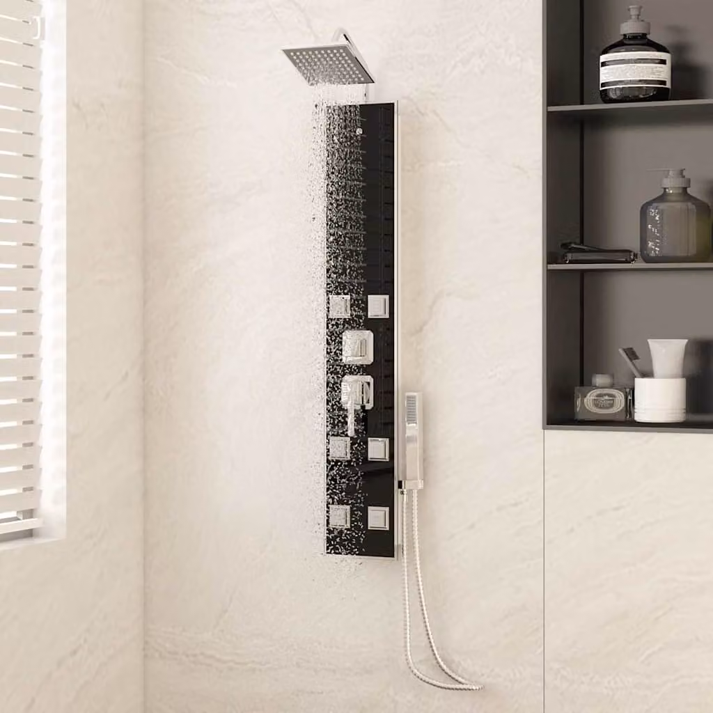 Pannello Doccia Singolo Fisso vidaXL in Vetro Trasparente e Acciaio Inox, Colore Nero, L 45,5 x P 6,0 x H 130 cm – 1