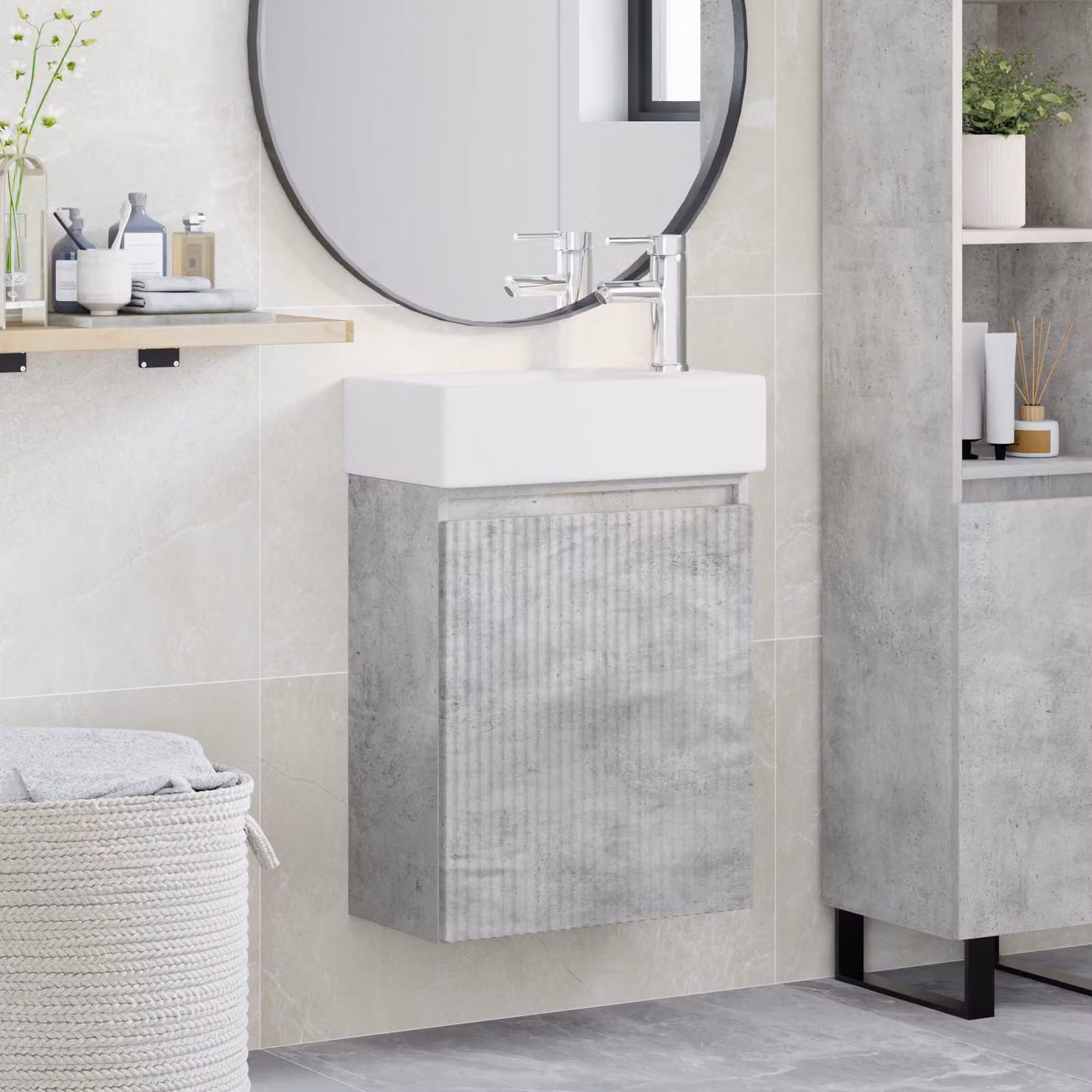 Mobile bagno vidaXL con rubinetto in stile minimalista, Grigio Cemento, L: 45,5 cm, P: 22,5 cm, H: 84 cm