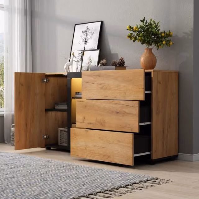 Credenza 140x40x80 cm con LED e 3 cassetti in pannello truciolare nero e marrone
