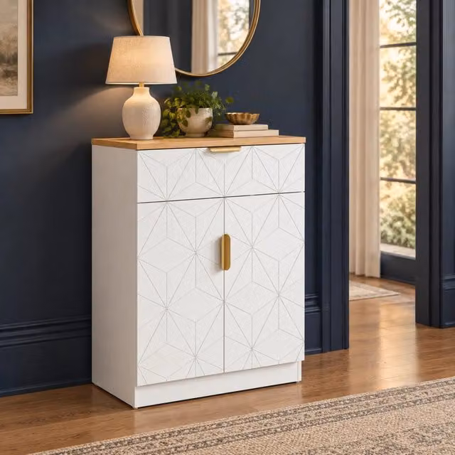 Credenza ULEVR 60x32x82 cm con cassetto, 2 ripiani regolabili e ante effetto geometrico, bianco e legno naturale