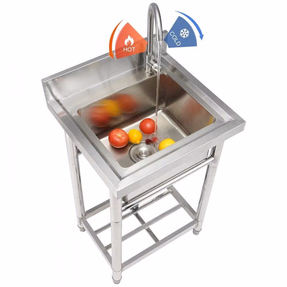 Lavandino in acciaio inox - Lavandino singolo freestanding con rubinetto e gambe da tavolo - 41 x 33 x 22 cm - Lavandino commerciale ideale per garage, ristoranti e cucine