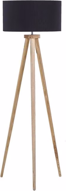 Lampada da terra a treppiede BELIANI con struttura in legno e paralume cilindrico in tessuto nero, Altezza: 142 cm