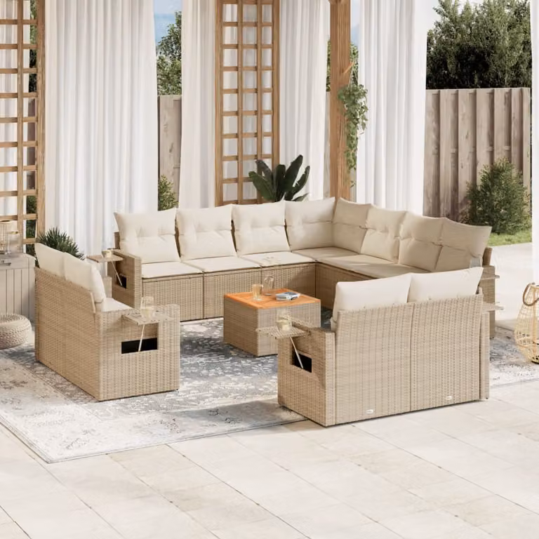 vidaXL Set Divani da Giardino 12 pz a Forma a L in Polyrattan con Cuscini Beige e Tavolino da Esterno