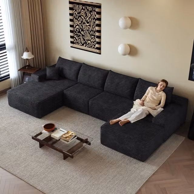 Divano angolare modulare con chaise longue 340 cm, 5 posti, velluto a coste, nero