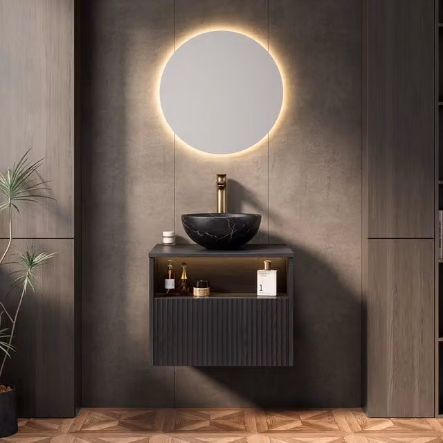 Lavabo sospeso da bagno 60 cm, bacinella in ceramica nera effetto pietra, mobile in compensato striato con cassetto e ripiano, luce a sensore, preassemblato, nero
