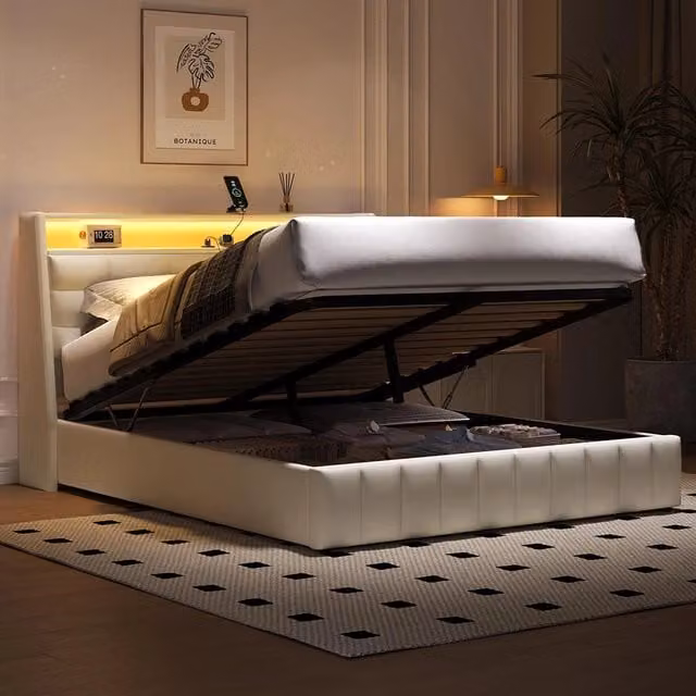 Letto 160x200cm imbottito - Xylo - LED USB testiera regolabile bianco
