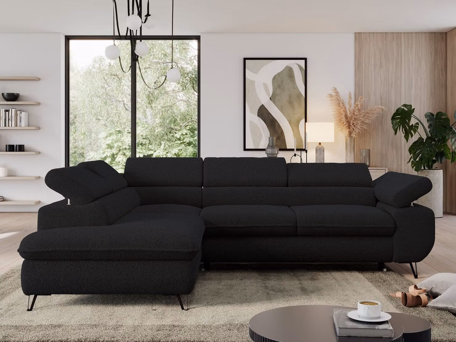 Divano con funzione letto, divano angolare a L, divano da salotto, con poggiatesta regolabili - PEDRO L - Boucle - Nero - Sinistro