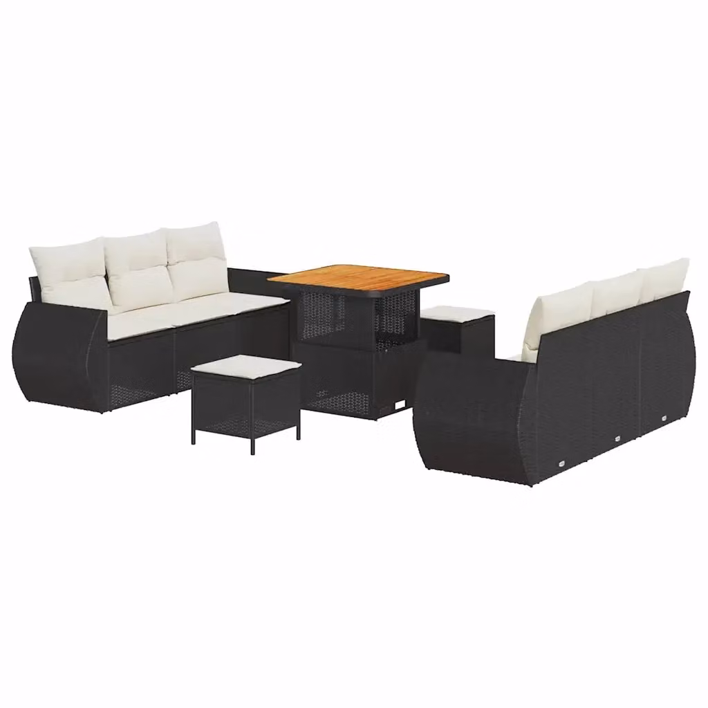 Set Divano da Giardino vidaXL 9 Pezzi a Forma di L con Tavolino e Ottoman, Colore Nero e Beige – 2